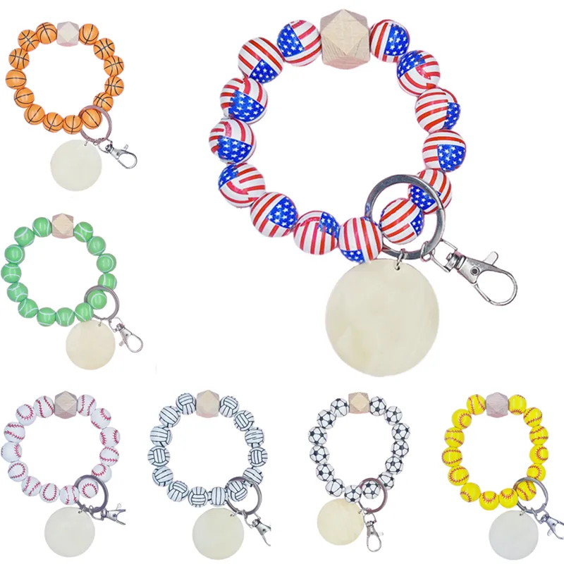 DIY Beaded Strands Bracelets Keychain Pendant Wood Sport Ball Soccer Baseball Basketball Football Wooden Tag Beads Fashion Jewelry Key Chain