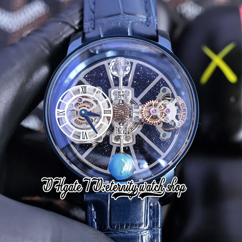 2022 Astronomia Tourbillon Schweizer Quarz-Herrenuhr, PVD-blaues Edelstahlgehäuse, Himmelsskelett, 3D-Globus-Zifferblatt (dreht sich nicht), blaues Lederarmband, statische Version der Ewigkeitsuhren