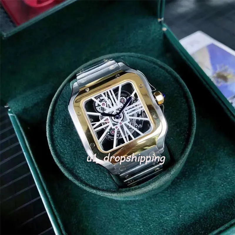 luxury Mens Watches Square Skeleton Watch All Stainless Steel Casual Business Quartz WristWatch