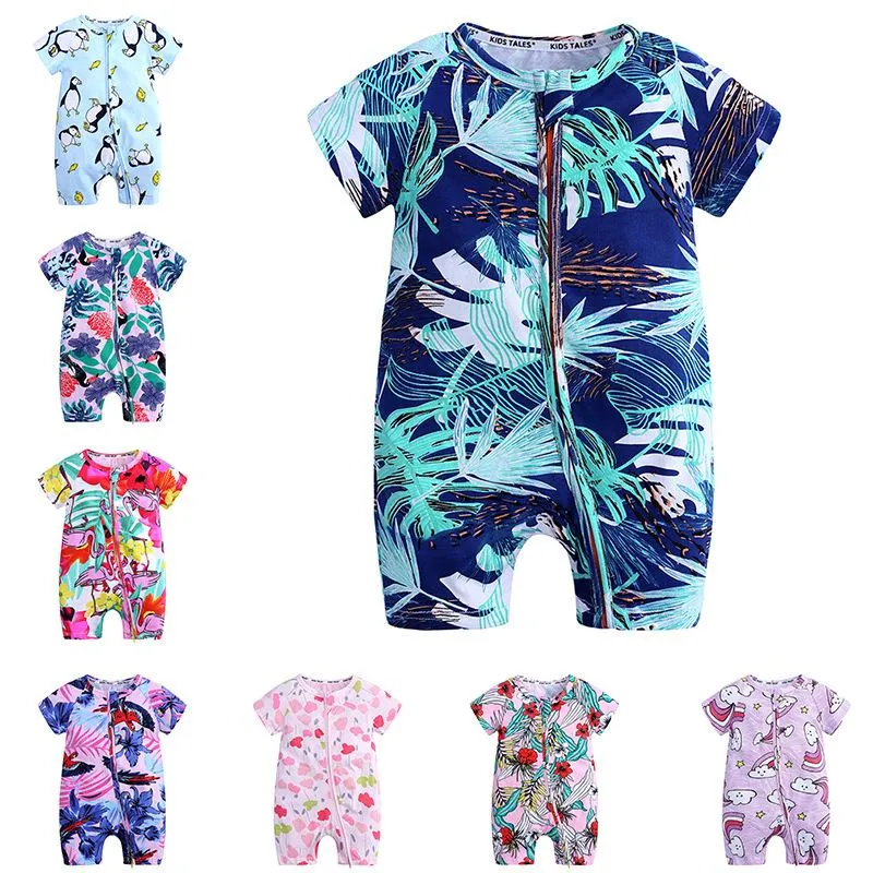 73スタイルの夏の動物のフルーツ花柄の赤ちゃんのロンパー服幼児半袖ジャンプスーツジッパーキッズコットンプレイスーツの衣装