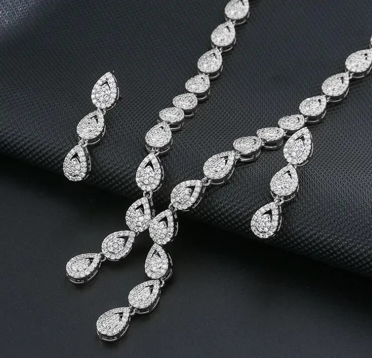 18k guldpläterad vattendroppe diamantkedjor brud bröllop halsband örhänge set