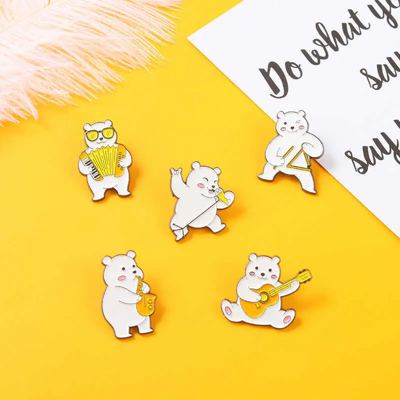 New little white bear playing instrument Brooch bag pin accessories metal badge guitar