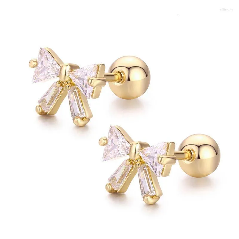 Stud śliczne Mini Bowknote zestaw kamienie CZ zakręcane kolczyki dla kobiet dziecko dzieci dziewczyny różowe złoto kolor Piercing biżuteria OorbellenStud Effi22