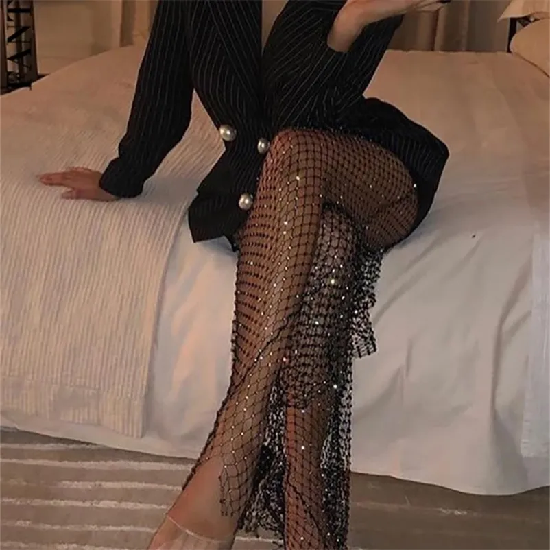 Fantoye Crystal Diamond Shiny Women Pants Summer Sexy Hollow Out Elastic Fishnet Trousers Fashion See Through Beachwear 220815