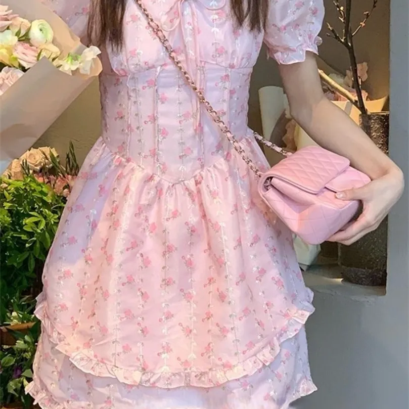 Sommer Floral Kawaii Party Mini Kleid Frauen Druck Rosa Koreanischen Stil Chic Fee Kleid Puff Hülse Prinzessin Süße Nette Kleid 220517