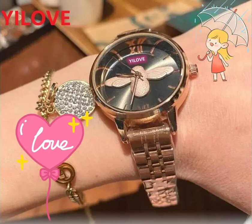 Luxus-Frauen-Bienen-kleine Uhr 33mm Vollfein-Edelstahl-Relogio-Feminin-Damen-Import-Quarzwerk-Mädchen-Blumen-Kristall-Stil-Armbanduhr-Geschenke