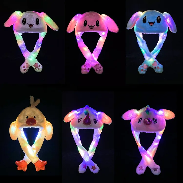 Lapin lapin chapeau oreilles mobiles avec lumière LED style coréen mignon bébé enfants forme animale doux en peluche sautant danse animal dessin animé casquettes M4180