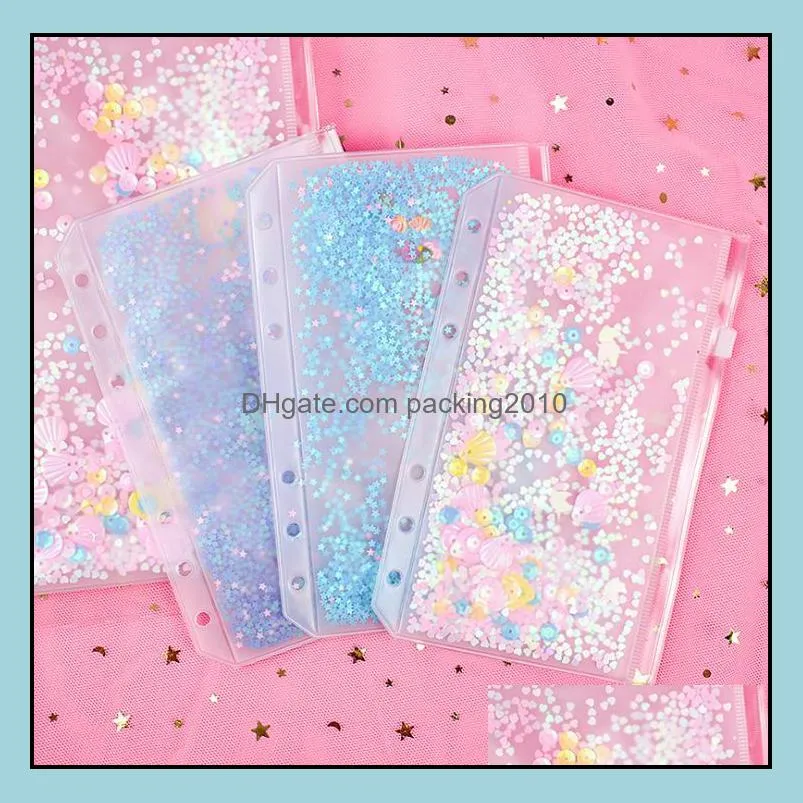 creative a6 pvc notebook pocket with 6 holes glitter plastic binder pockets 6 ring loose leaf bags envelopes bult-in flakes sn3349