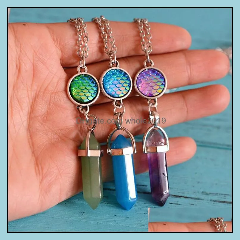 fashion natural stone pendants druzy drusy necklaces for women silver color mermaid scales fish scale hexagonal column necklace