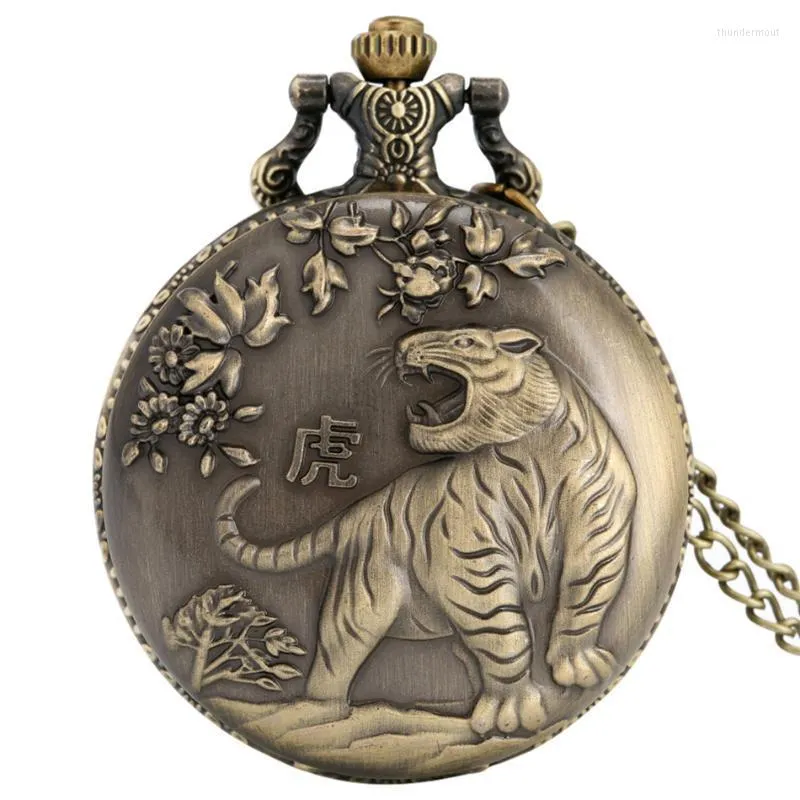 Relógios de bolso Zodiac Tiger Full Quartz Watch Bronze Sweater Chain Pingente Glinber Birthdans Gifts Men Women Collection Thun22