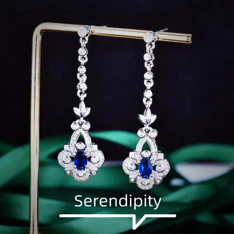 Ciondola il lampadario di lusso in argento 925 Sri Lanka zaffiro blu orecchini di pietre preziose per le donne temperamento elegante orecchino lungo gioielli da sposa G