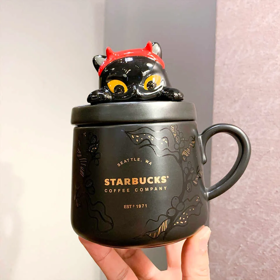 スターバックス カップ ハロウィン 黒猫感謝コーヒー小さな音楽悪魔セラミック マグカップ漫画コーヒー カップ カバー付き