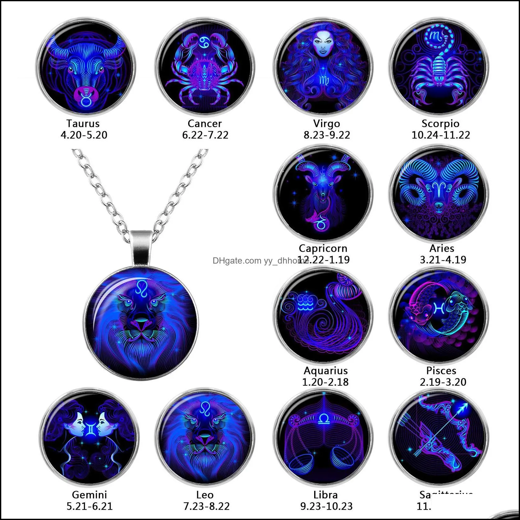 Pendentif Colliers Pendentifs Bijoux Nouvelle Mode Galaxy 12 Constellation Conception Signe Du Zodiaque Horoscope Astrologie Collier Pour Femmes Hommes Verre