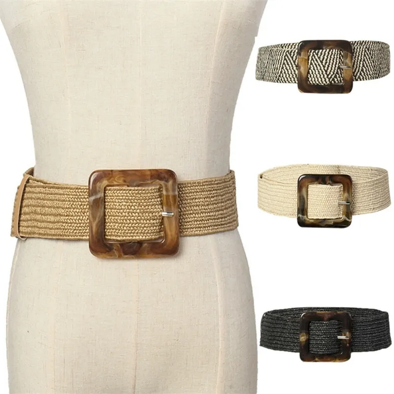 Women Belt Straw Casual Ultra Wide Female Woven Vintage Carved Wood Buckle Elastic Decoration Dress Shirt Waist Seal 220712