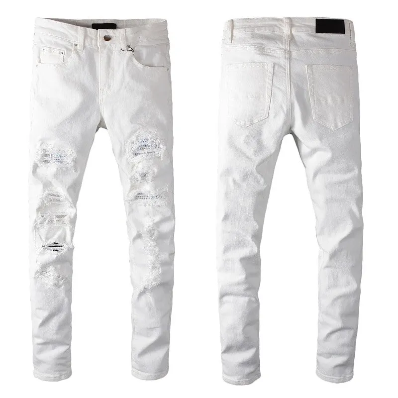 White Jeans With Holes Skinny Ripped Mens Fit Designer Distressed Torn For Man Pants Damaged Patchwork Motorcycle Long Zipper Baggy Denim Youth Slim Straight Hole