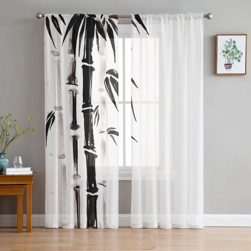 Gardin draperier bläck målning bambu svartvit tyll ren fönster gardiner för vardagsrum sovrummet moderna voile organza drapescurt