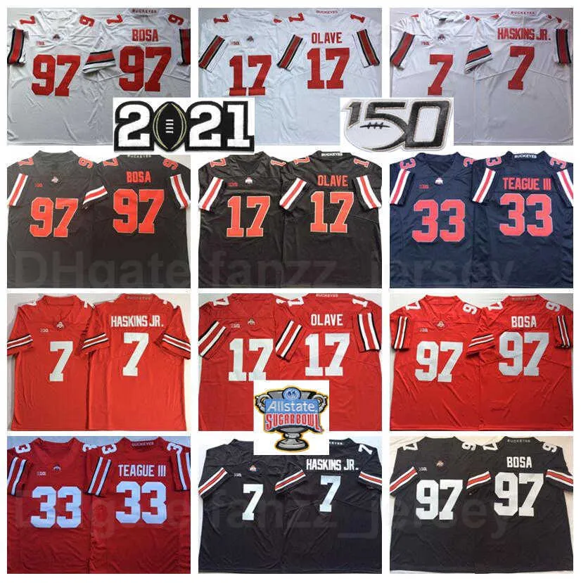 NCAA College Football 33 Master Teague III Jerseys Ohio State Buckeyes 17 Chris Olave 7 Dwayne Haskins Jr 97 Joey Bosa broderie et couture Université Black Black Red