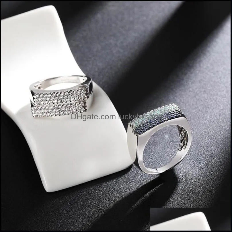 cluster rings top quality fashion micro pave + sapphire blue cz crystals rectangle silver ring for women brand jewelry1