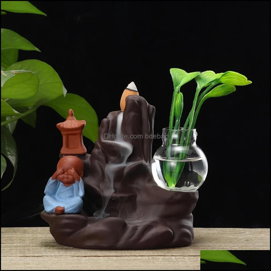 Backflow Incense Burner Holder Ceramic Little Monk Small Buddha Waterfall Sandalwood Censer Creatives Home Decor with 10 Cones