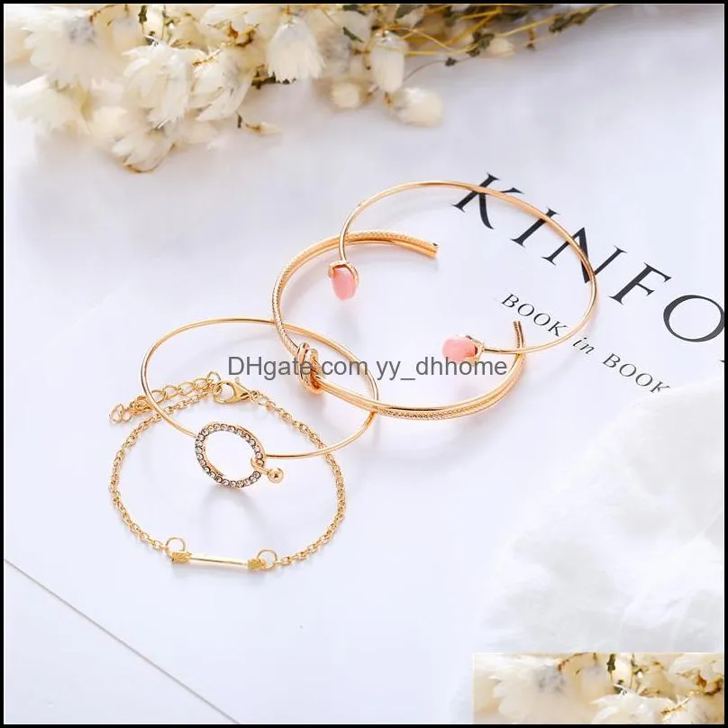 4 Pcs/ Set Classic Arrow Knot Bracelets Round Crystal Gem Multilayer Adjustable Open Bracelet Set For Women Fashion Party Jewelry Gift