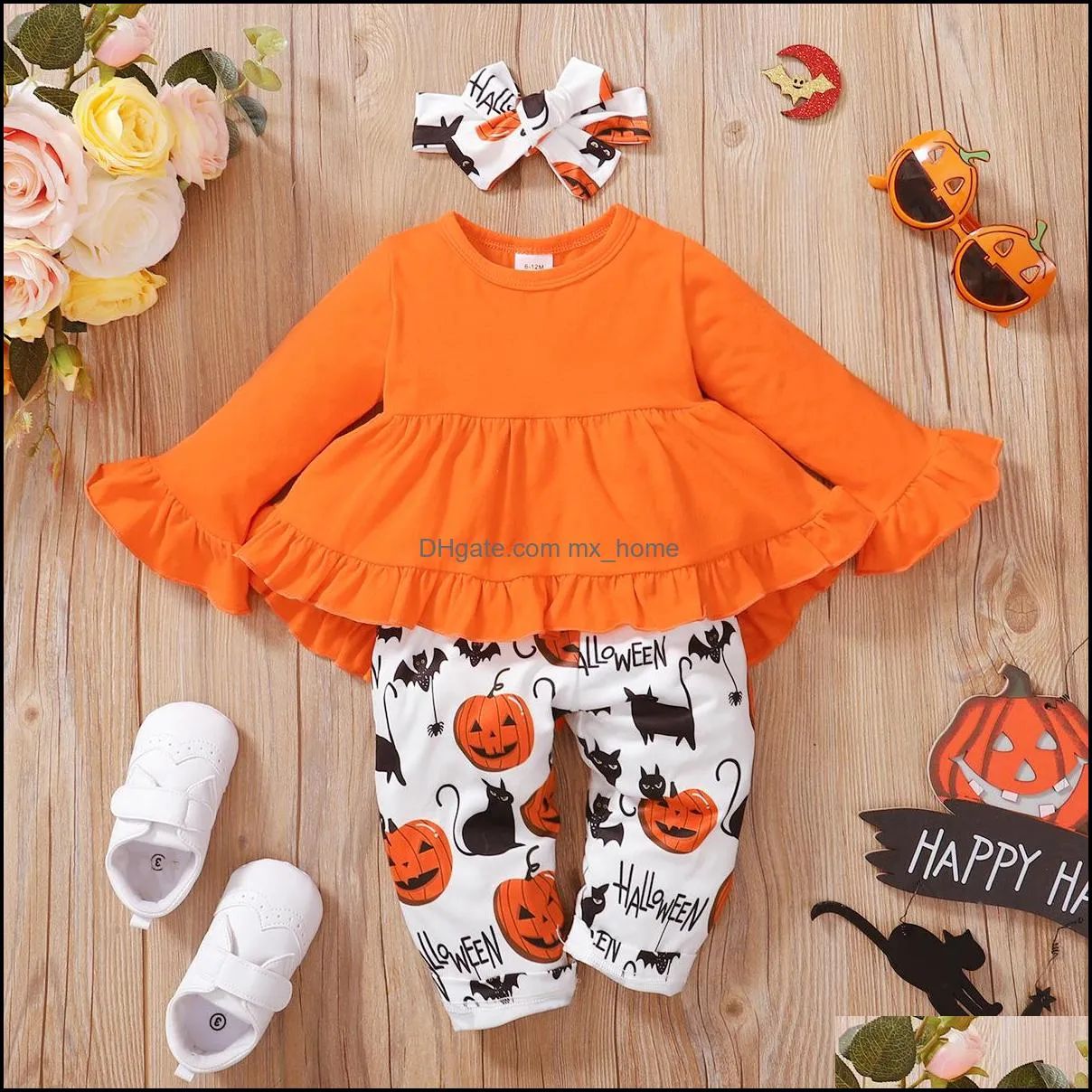 kids clothing sets girls halloween outfits infant ruffle flare sleeve tops pumpkin print pants headband 3pcs/set spring autumn fashion baby clothes