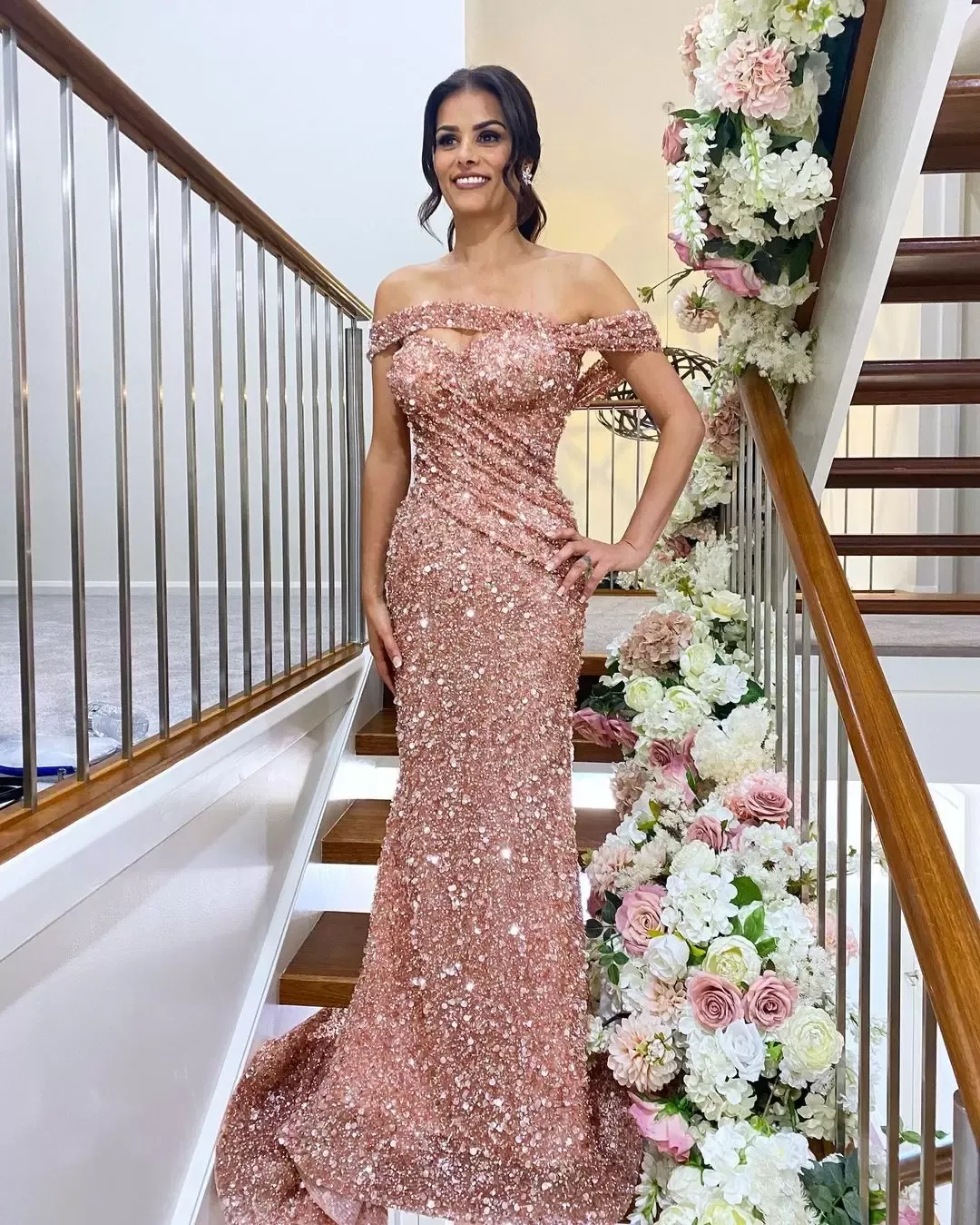 slim fit dress slacks Off the Shoulder Rose Gold Sequins Mother of Bride Dress – FancyVestido