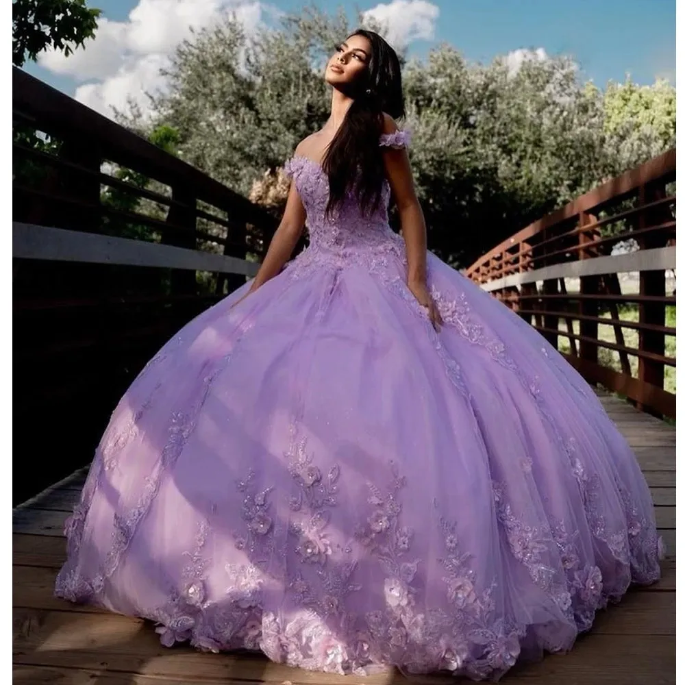 Lila från axeln 3d handgjorda blommor quinceanera klänning boll klänning kristall applikationer tävling söt 15 vestidos de xv anos