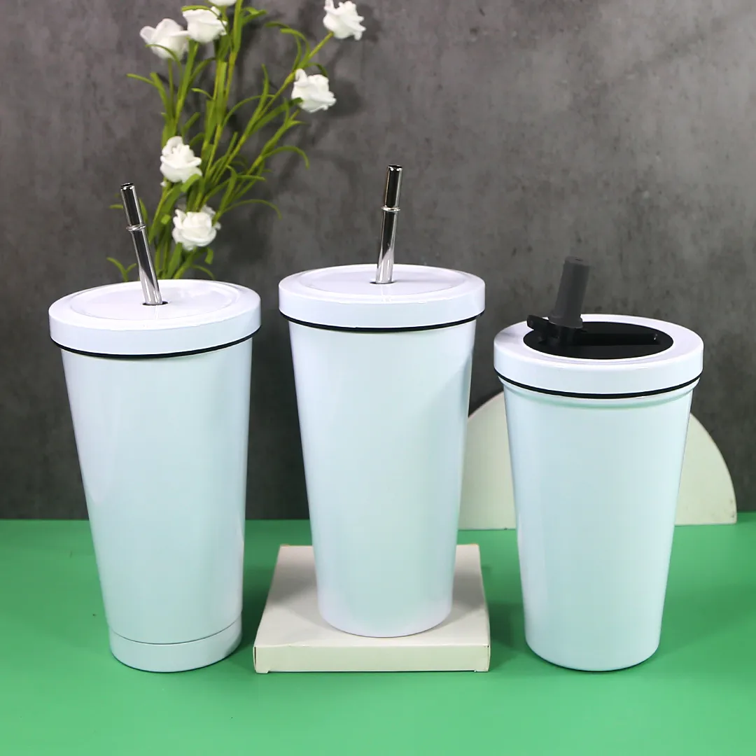 Deux couvercles !!! Tasses de paille intégrales de sublimation de 500 ml Gobelet à double paroi en acier inoxydable 304 avec brosse de paille mentale Tasse de boisson froide de voyage Café glacé Z11