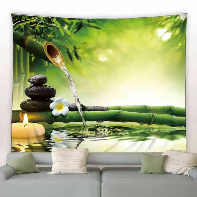 Zen Garten Teppich Wandbehang Bambus Pflanze Blatt Blume Stein Kunst Für Wohnzimmer Hintergrund Nachttisch Tuch Wohnkultur J220804