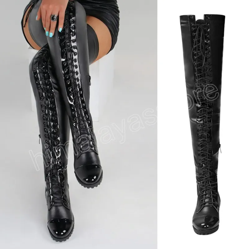 Femmes bottes en cuir occidental sur le genou bottes hautes automne noir à lacets mode femmes chaussures talon bas bottes longues