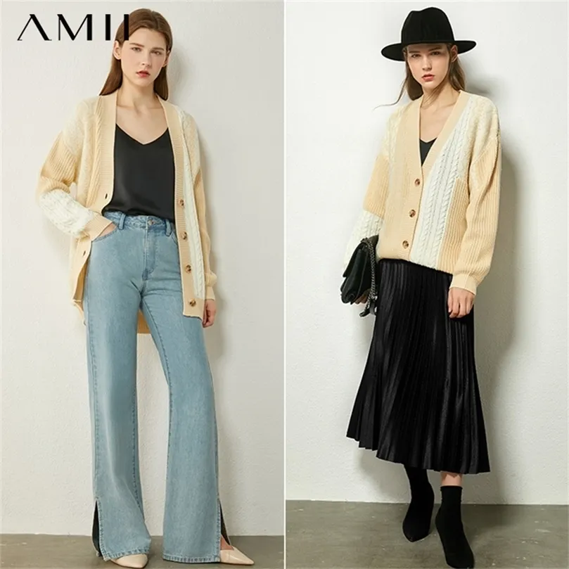 AMII Minimalism Autumn Female Cardigan Fashion Knitted Vneck Full Sleeve Loose Spliced Women's Jacket Women's sweater 12040777 201223