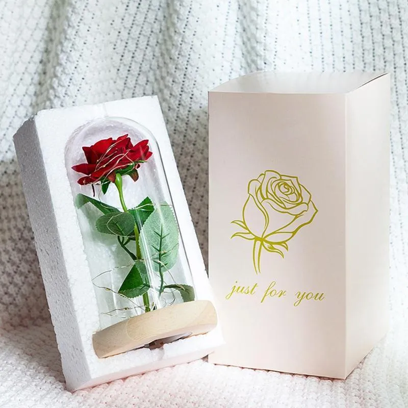 Creative Gift Ornament Romantic Eternal Rose Flower Glass Cover LED Battery Lamp Birthday Valentine's Day Home Decoration