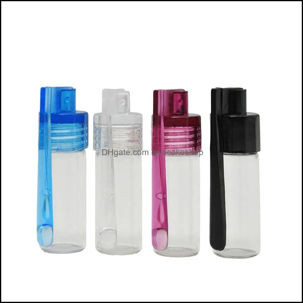 Colorful 36mm 51mm Travel Size Acrylic Plastic Bottle Snuff Snorter Dispenser Glass pill case Vial container box with spoon