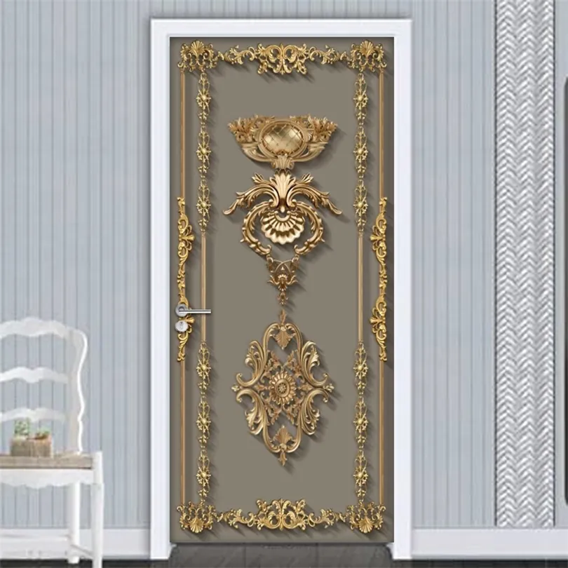 Autocollant de porte auto-adhésif papier peint 3D Style européen motif de fleur d'or salon chambre murale affiche stickers muraux 220426