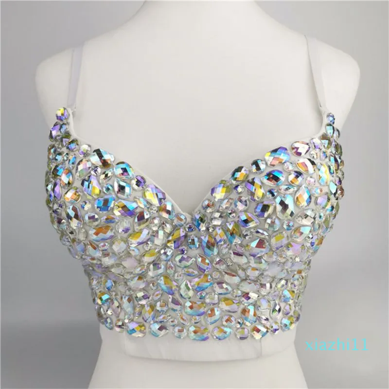 2022-Women's Women AB Colored Rhinestone Bustier Crop Top Spaghetti Strap Push Up Corset Vest