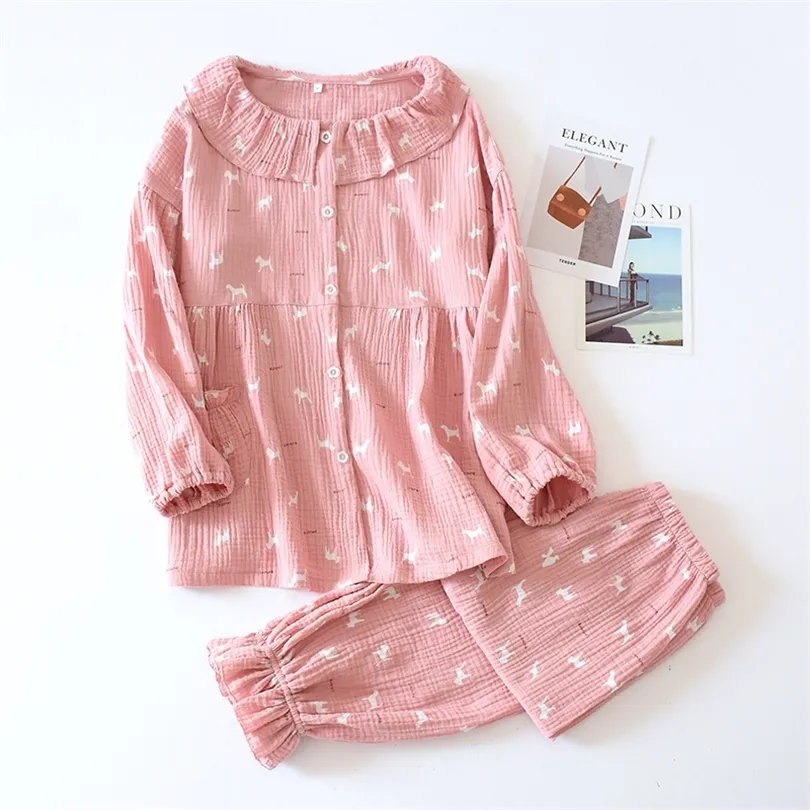 Comfortable Breathable Pajamas Suit Women's Printed Longsleeved Trousers Twopiece Suit Cotton Crepe Princess Style Clothes T200429