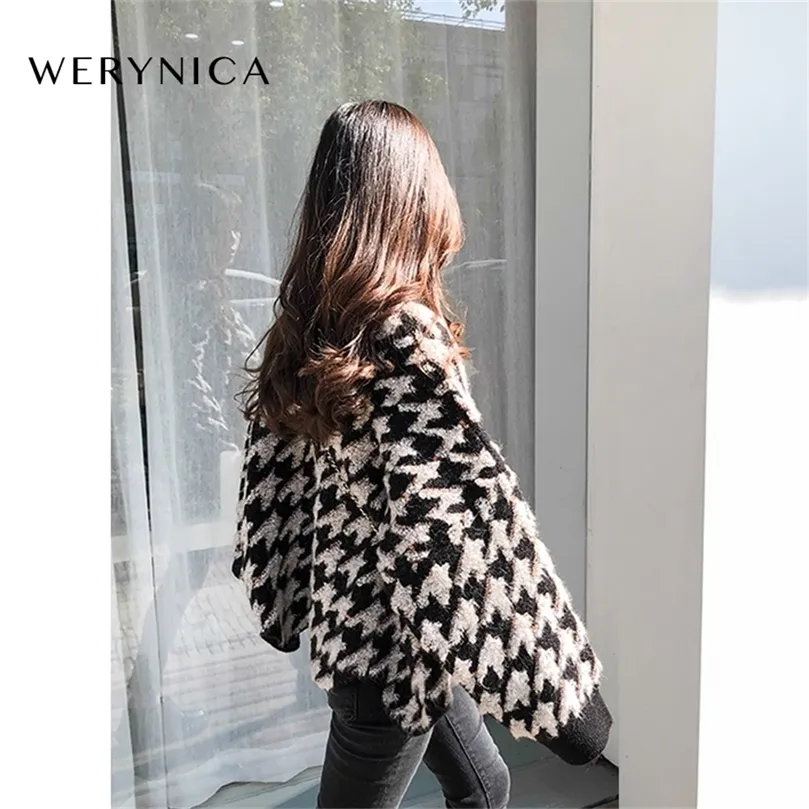 Werynica Korean Fashion Ladies Women Knitting Sweater Houndstooth O-Neck Batwing Sleeve Pullover Loose cashmere Sweater 201221