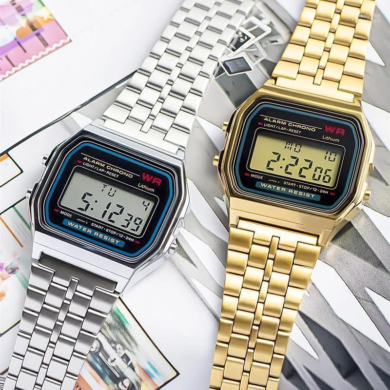 Zegarki na rękę luksusowe F91W pasek ze stali zegarek Retro LED cyfrowy sport wojskowy elektroniczny zegar na rękę panie mężczyźni pary zegarki na rękę Hect22