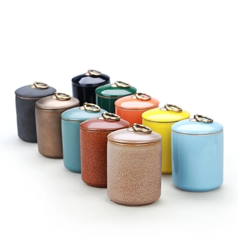 New Tea Container Kitchen Storage Jars Traveling Tea Tin Cans Yellow Blue Spices Storage Box Sealed Ceramic Scented Tea Jar Pot 201022