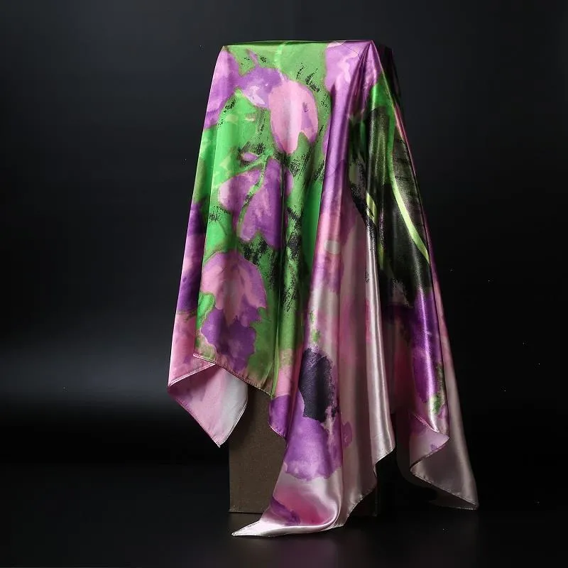 Fashion Print Scarves For Women Satin Kerchief Head Scarf Female 90 90cm Square Shawls And Wraps Hijab Scarfs Ladies