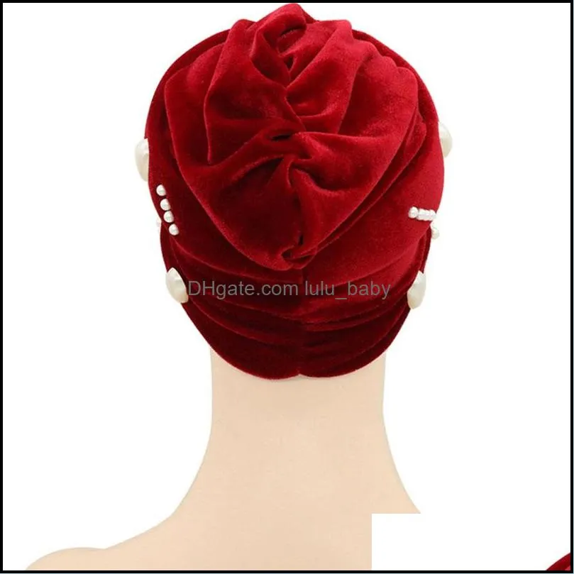 women girl solid color elastic caps bandanas pearl hats turban head wrap headwear fashion hair accessories