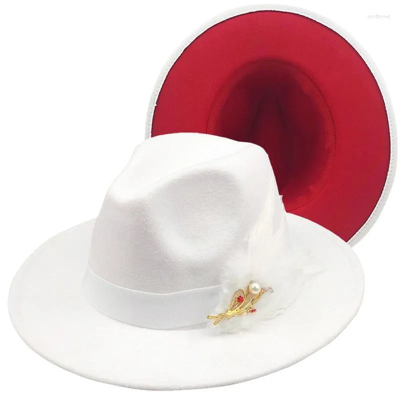 Chapeaux à large bord rouge luxe blanc Patchwork feutre Jazz chapeau casquette hommes femmes plat laine plume Fedora Panama Trilby Vintage Scot22