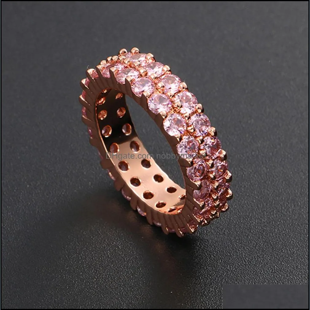 Iced 2 Row 360 Eternity Pink Stone Rings Micro Pave Cubic Zirconia Rose Gold Plated Simulated Diamonds Hip hop Ring for Men Women