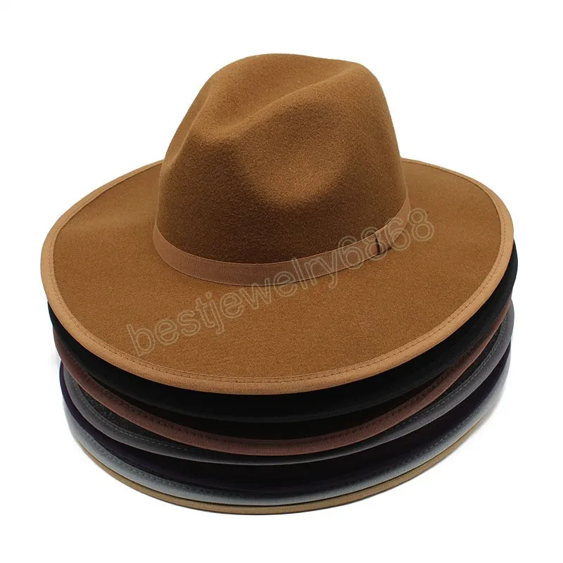 Wool Felted Fedora Hats for Women 8.5CM Wide Brim Men Jazz Felted Hat Panama Church Cap Wedding Ribbon Band Caps