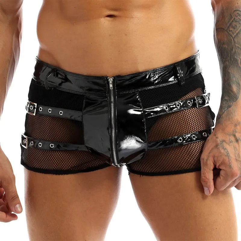Men's Wetlook Faux Leather Underwear Zipper Trunk Boxer Briefs Shorts  Underpants