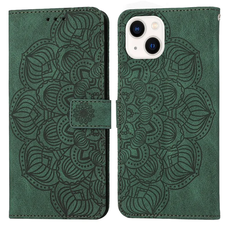 Datura Flower Wallet Läderfodral för iPhone 13 Pro 12 Mini 11 X XR XS Max 7/8 ID -kortplats Hållare Mandala Flip Phone Cover