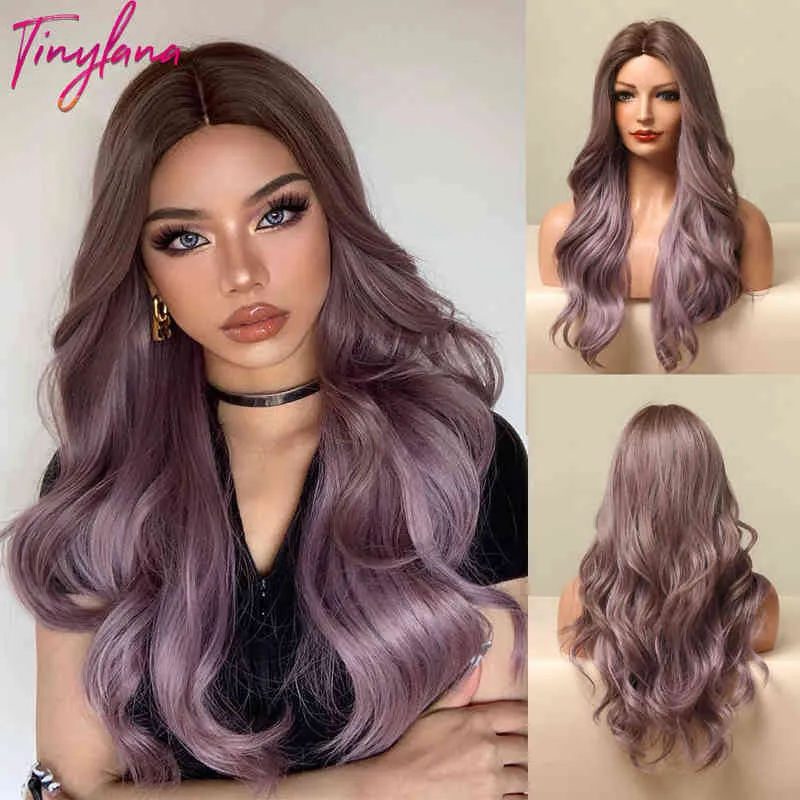 Långt vågigt syntetiskt hår peruk ombre lätt aska lila vattenvåg mittdel peruk för kvinnor cosplay daglig värmebeständig rosa peruk
