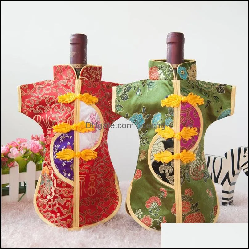 Vintage Chinese knot Christmas Wine Bottle Bag Dining Table Decoration Wine Cover Bottle Packaging Bags Silk Brocade Pouch fit 750ml