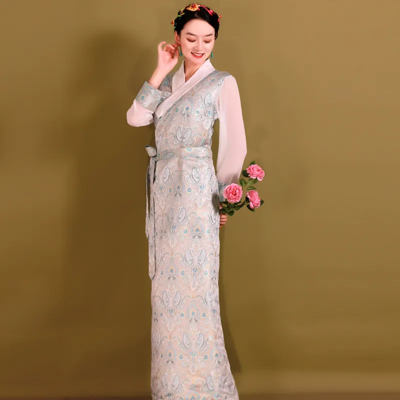 Ethnic Asian Dress: Long Sleeve Robe for Women - Elegant Tibet Traditional clothing with Vintage Pattern