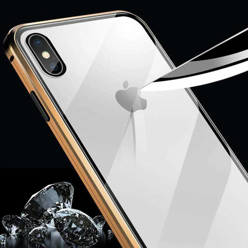 Ultra Slim Magnetic Adsorption Case Metal Frame Front and Back Tempered Glass Full Body Protective Case for Iphone XS Max XR 8 7